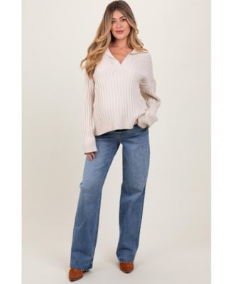 Maternity Blue Vintage Wash Raw Hem Wide Leg Jeans