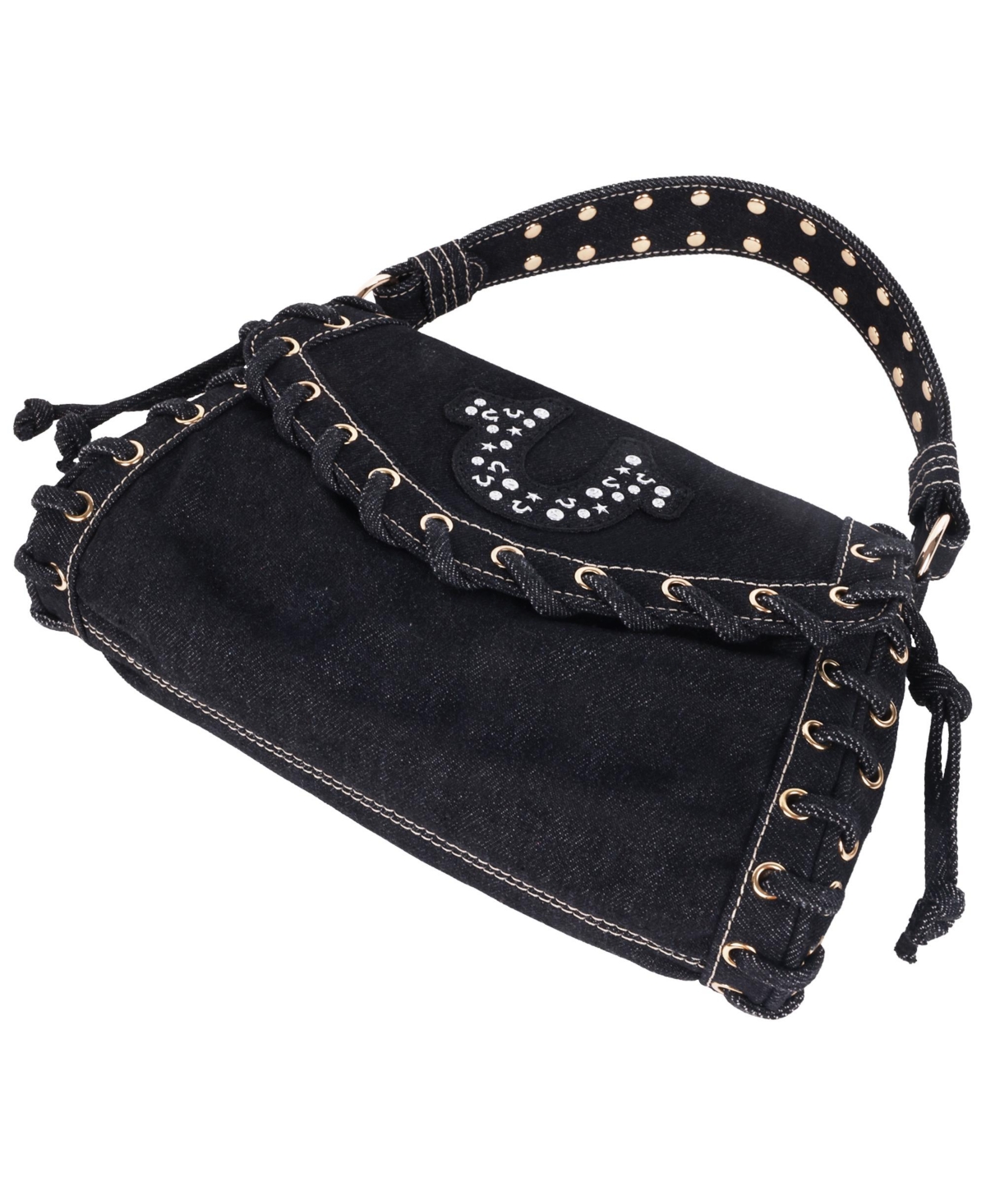 True Religion Studded Horseshoe Eyelet Denim Flap Bag