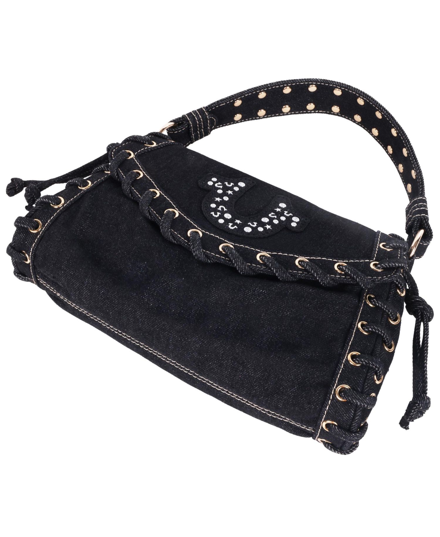 Studded Horseshoe Eyelet Denim Flap Bag