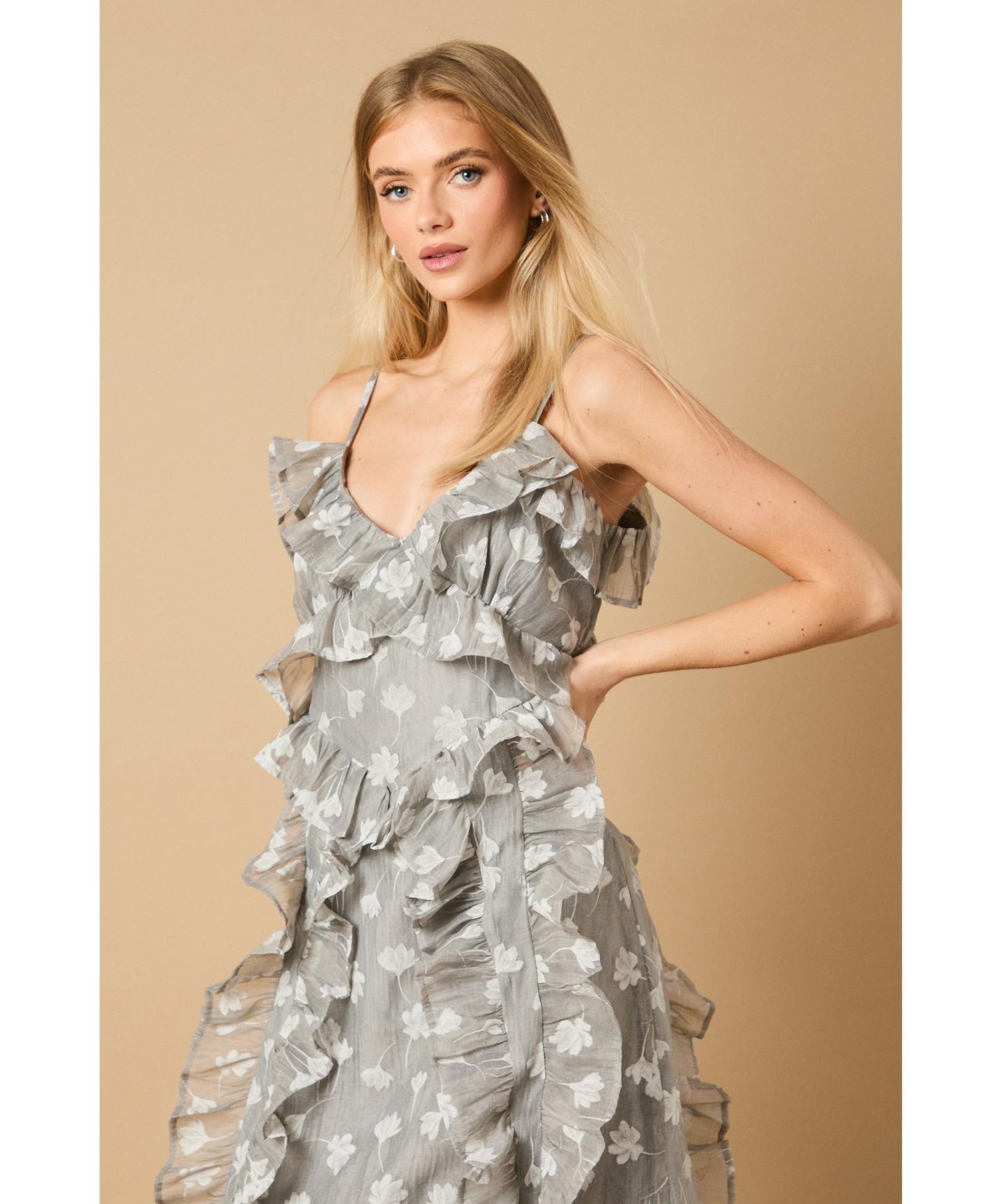 Women's Ruffle Front V-Neck Strappy Midi Dress