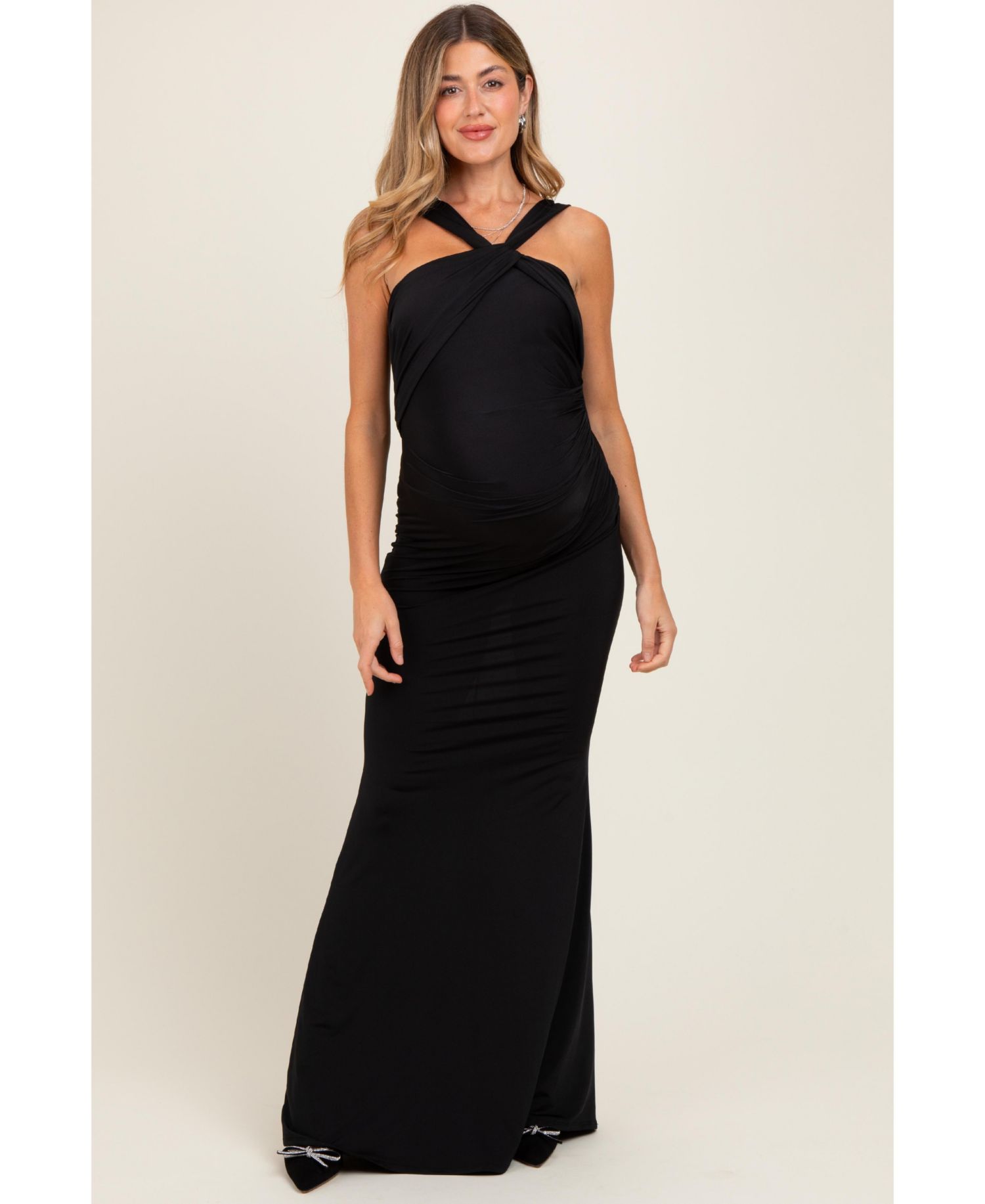 Women's Black Twist Front Ruched Maxi Dress