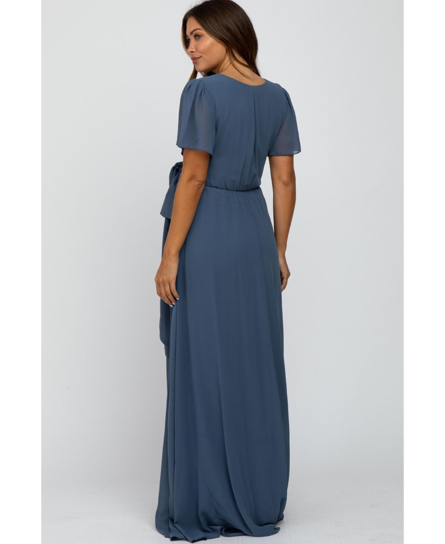 Women's Blue Chiffon Short Sleeve Maxi Dress