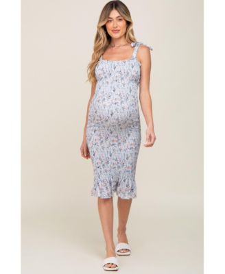 Light Blue Floral Smocked Fitted Maternity Dress