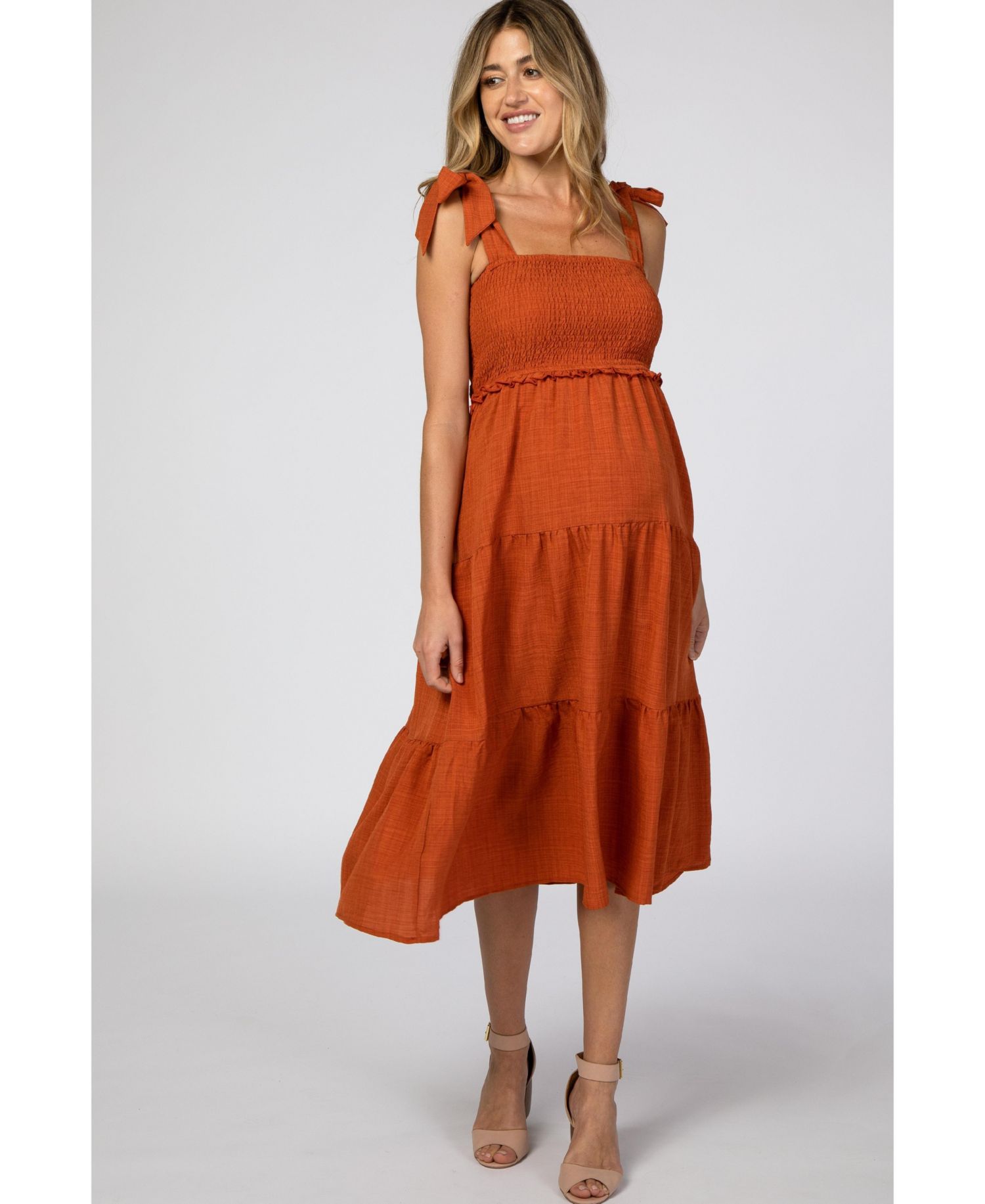 Women's Rust Bow Strap Tiered Midi Dress