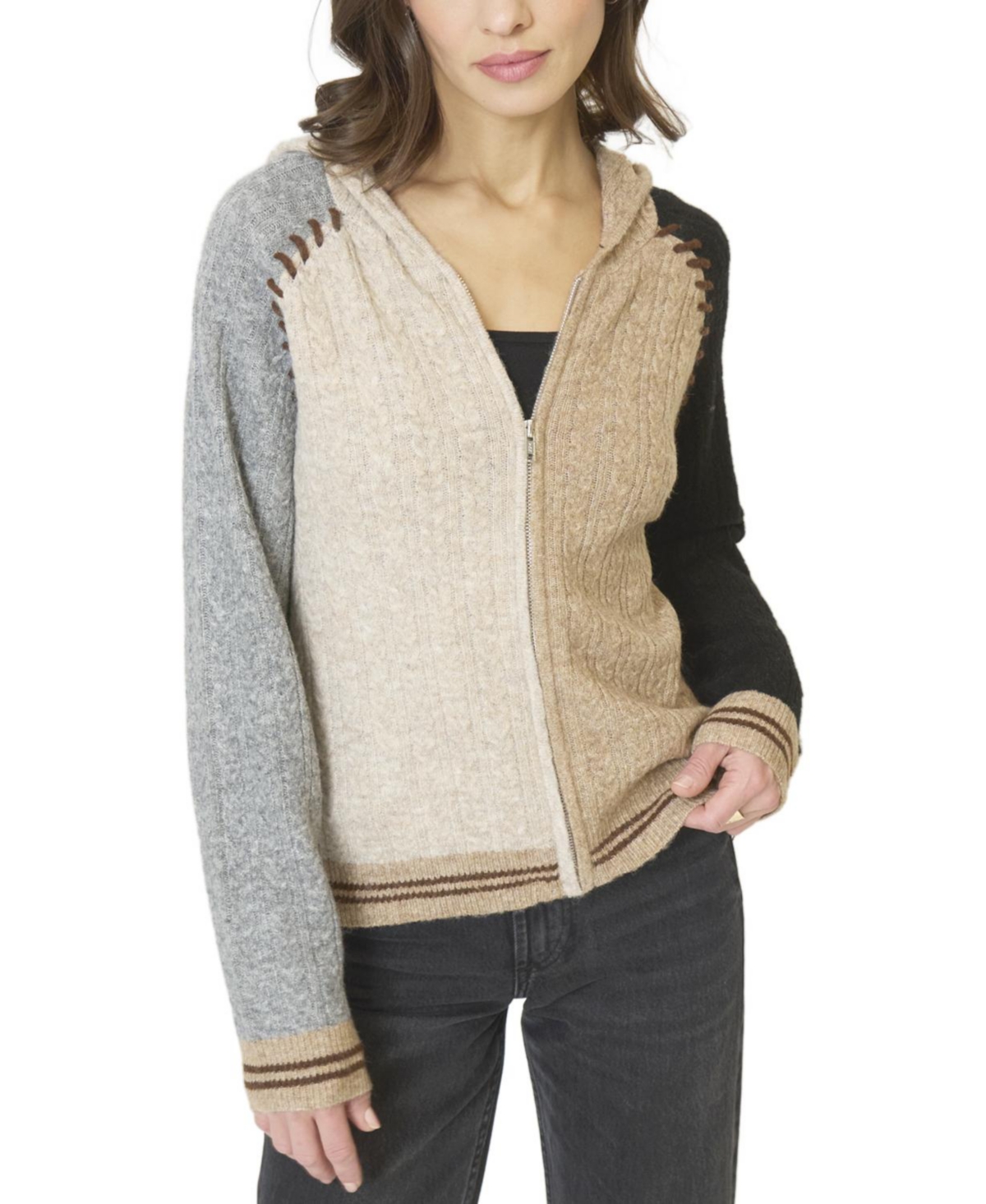 Central Park West Women's Faye Cabled Hoodie W/Whipstitch
