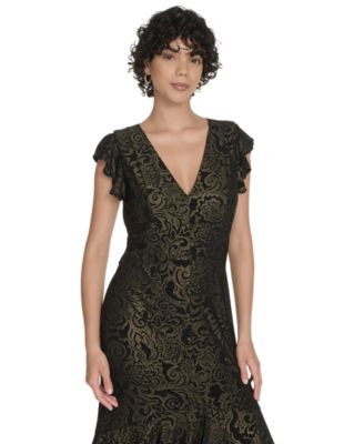 Women's V-Neck Tiered Hem Foil Midi Dress