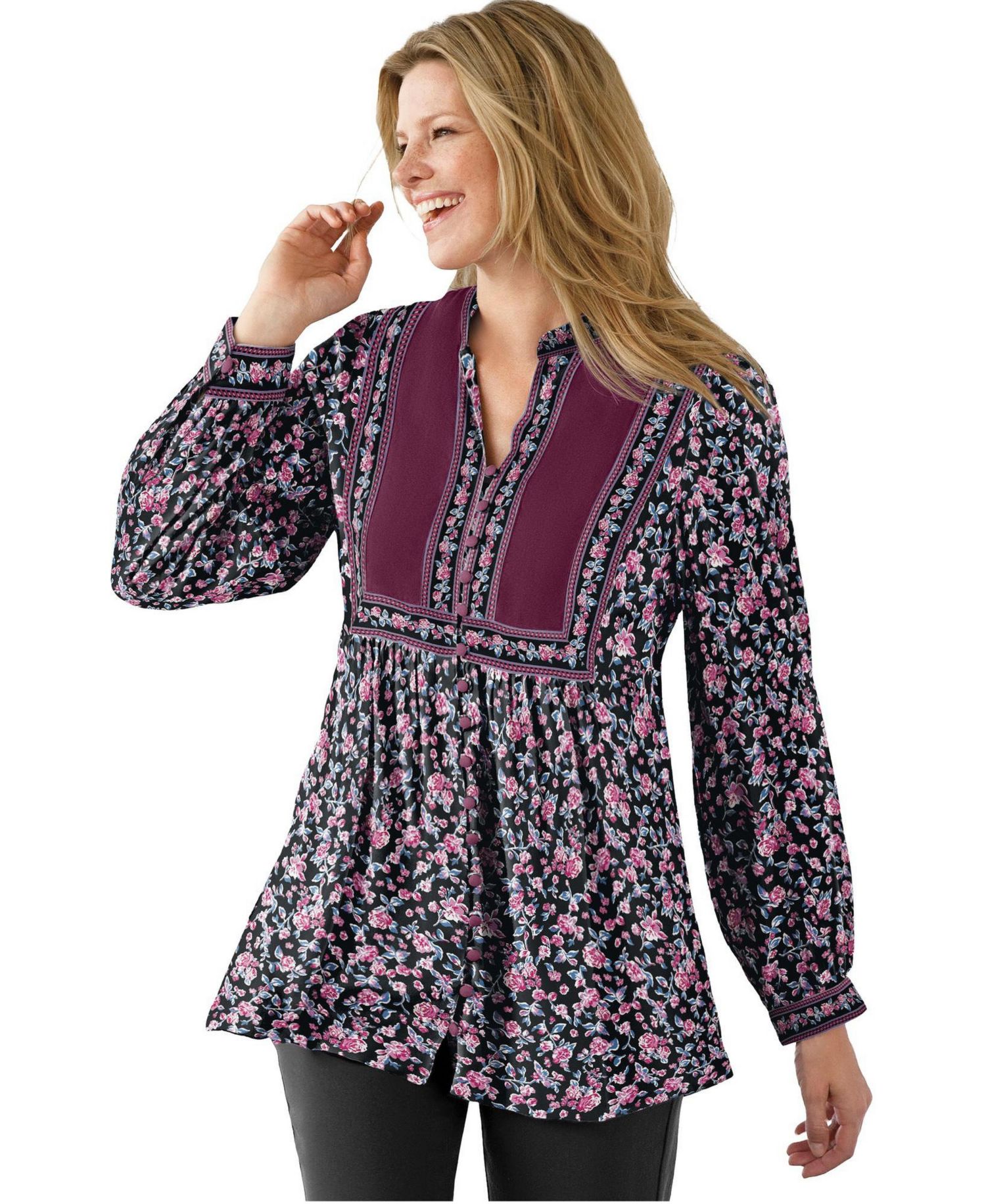 Plus Size Within Button-Front Mixed Print Tunic