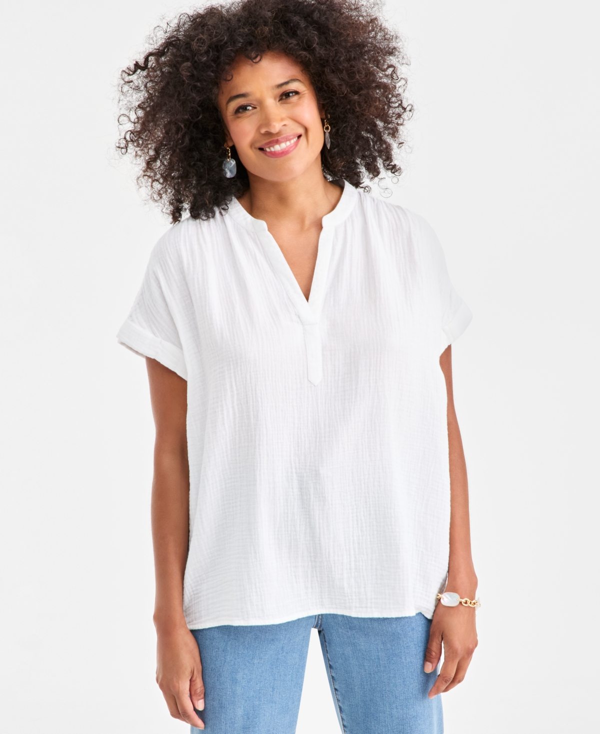 Style & Co Women's Cotton Split-Neck Dolman-Sleeve Shirt, Macy's Exclusive