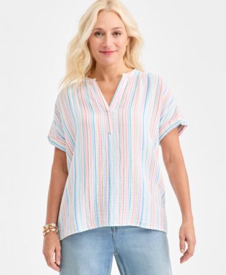 Women's Cotton Gauze Split-Neck Dolman-Sleeve Shirt