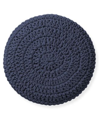 Hand-Knitted Cotton Pouf Ottoman Footstool, 13" Round x 11" High, Boho Accent Footrest with Non-Skid Legs, Foot Stool and Extra Seating