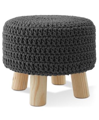 Hand-Knitted Cotton Pouf Ottoman Footstool, 13" Round x 11" High, Boho Accent Footrest with Non-Skid Legs, Foot Stool and Extra Seating