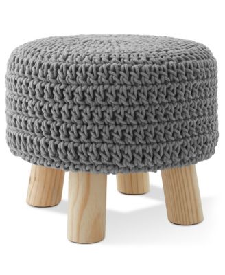 Hand-Knitted Cotton Pouf Ottoman Footstool, 13" Round x 11" High, Boho Accent Footrest with Non-Skid Legs, Foot Stool and Extra Seating