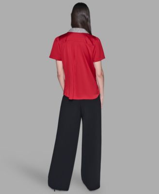 Women's Collar Rhinestone Embellished Short Sleeve Top