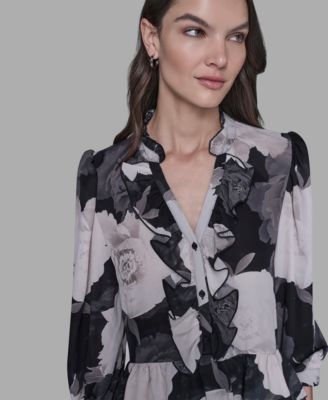 Women's V-Neck Floral Print Ruffle Detail Top