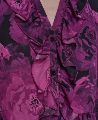 Women's V-Neck Floral Print Ruffle Detail Top