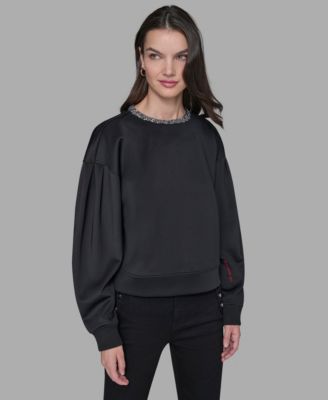 KARL LAGERFELD PARIS - Women's Crewneck Crystal Neck Top