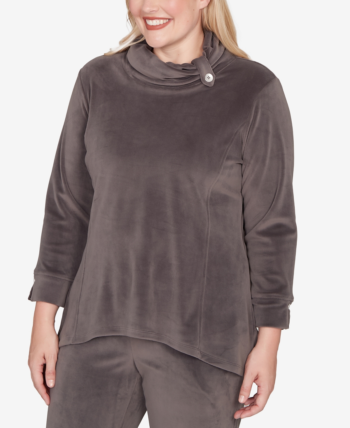Alfred Dunner Calm Luxe Luxe Cowl Neck Top In Gray