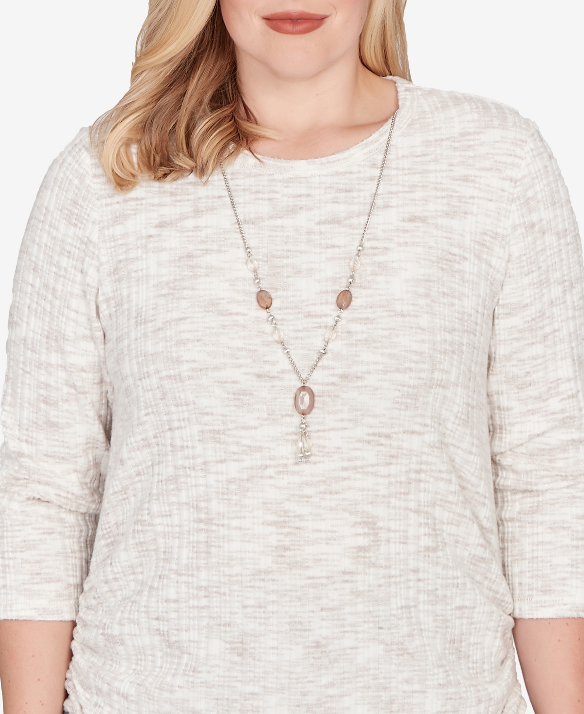 Alfred Dunner Calm Luxe Space Dye Knit Top With Necklace In White