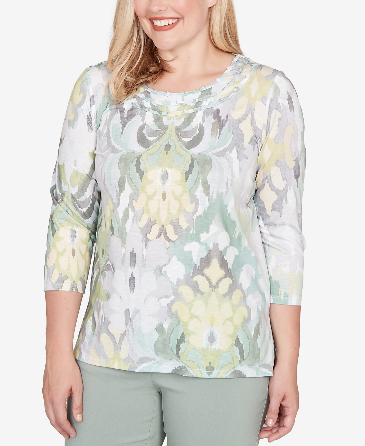 Alfred Dunner Plus Size Stockbridge Ikat Medallion Pattern Soft Knit Top In Neutral