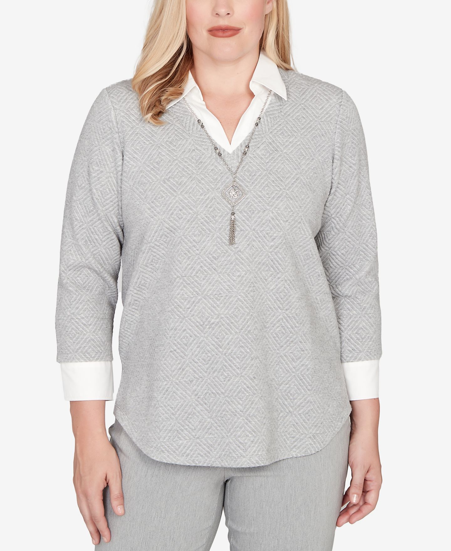 Женский топ Alfred Dunner Stockbridge Diamond Jacquard Two In One with Necklace, цвет: Оловянный — фото 1