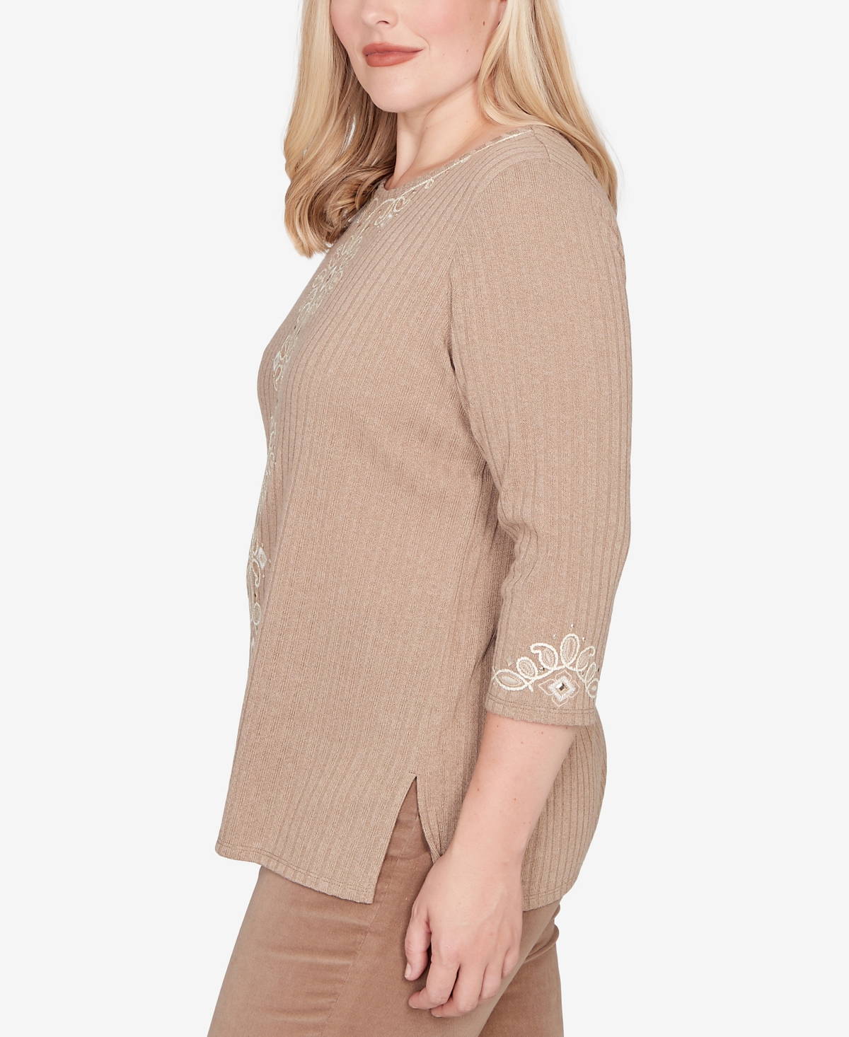 Alfred Dunner Vienna Embroidered Medallion Center Knit Top In Brown