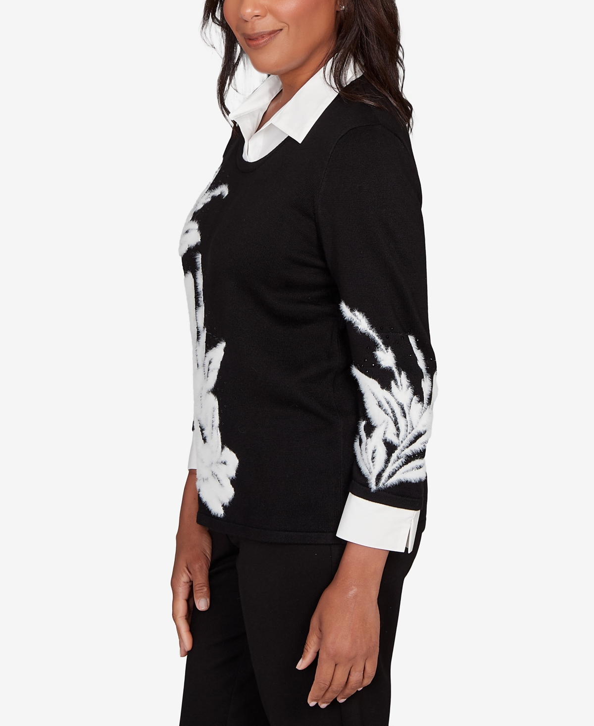 Alfred Dunner Barcelona Dramatic Floral Two In One Sweater In Black