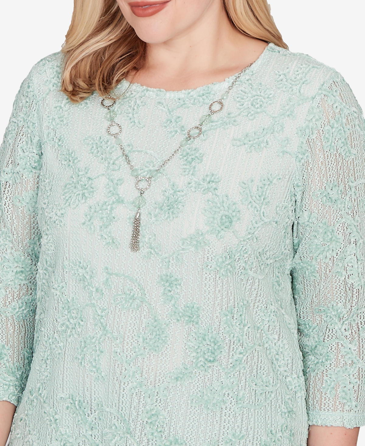 Alfred Dunner Plus Size Stockbridge Floral Velvet Soutache Mesh Top With Necklace In Green