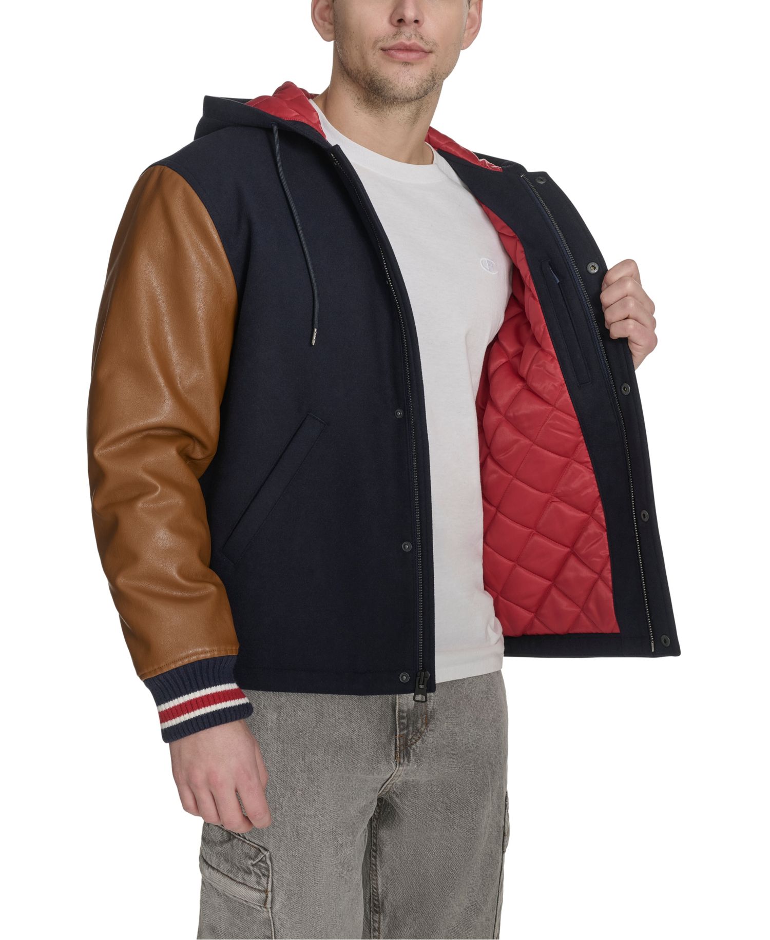 Men's Mixed Media Hooded Varsity Jacket