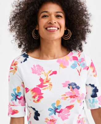 Women's Printed Boat-Neck Elbow Sleeve Top, Exclusively at Macy's