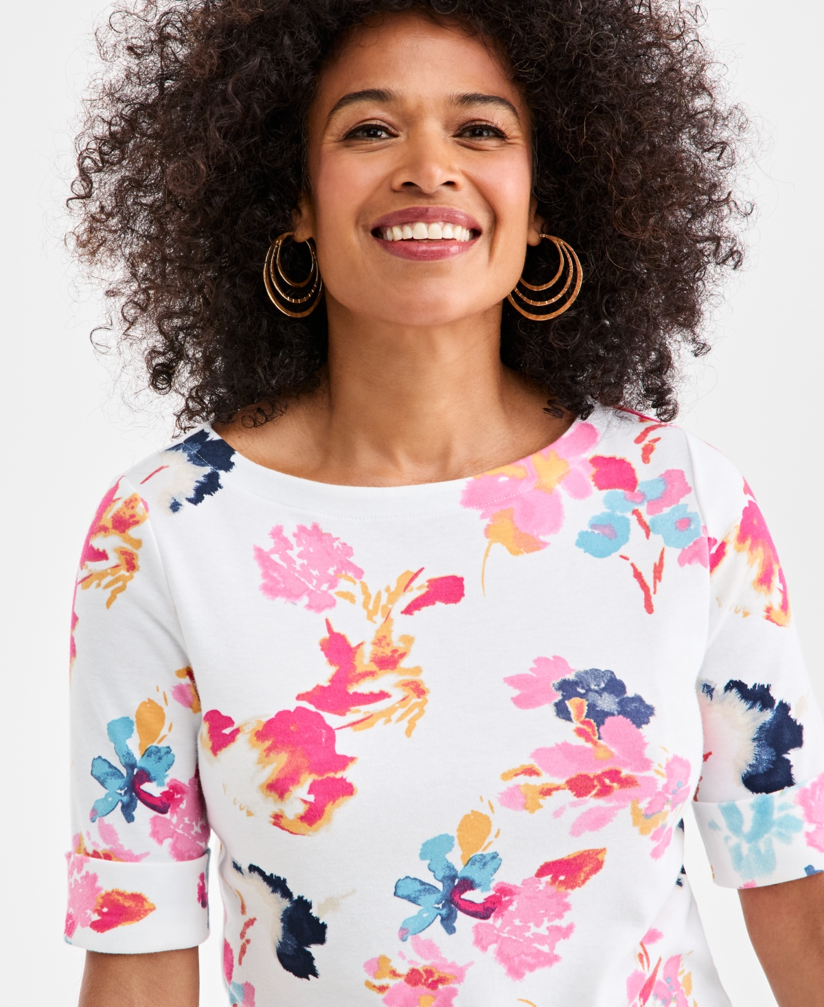 Style & Co Women's Boat-Neck Elbow Sleeve Cotton Top, Exclusively at Macy's