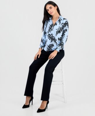 Petite Ruffled-Neck Smocked-Cuff Top