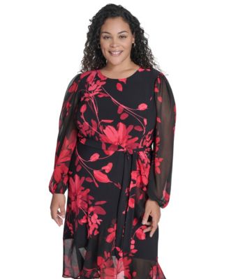 Plus Size Chiffon Long-Sleeve Midi Dress