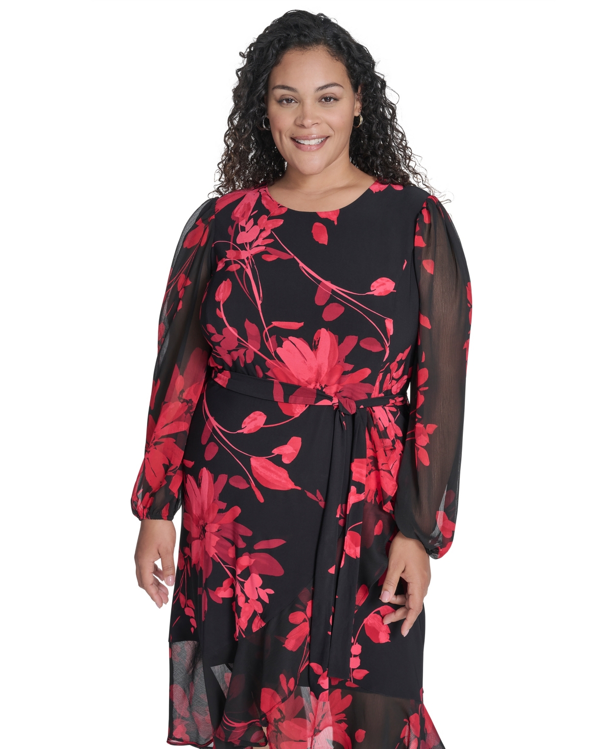 Tommy Hilfiger Plus Size Chiffon Long-sleeve Midi Dress In Red