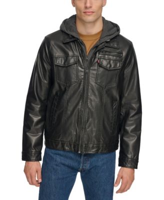 Men's Fleece Hood Faux Leather Jacket