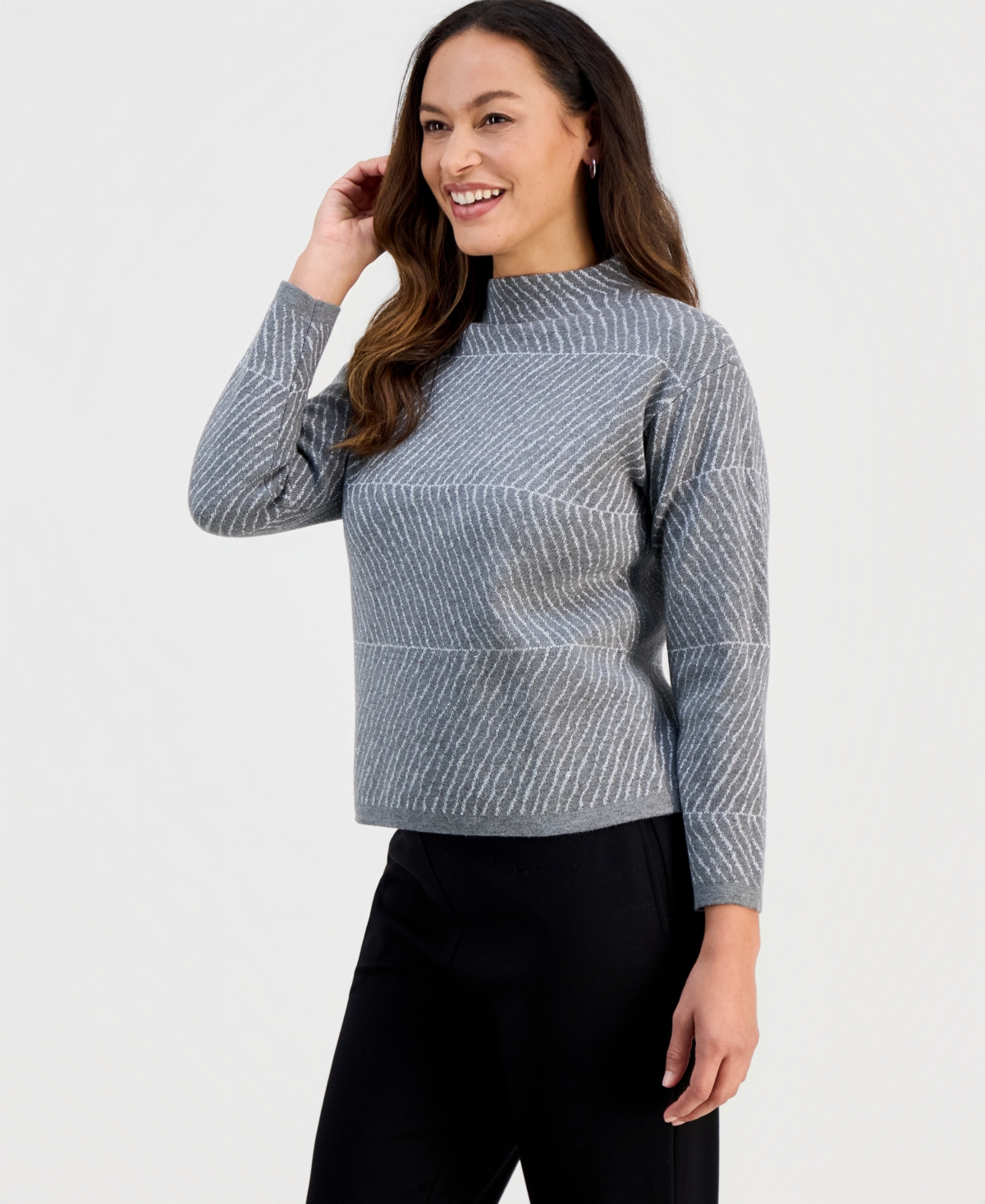 Jones New York Petite Mock-neck Long-sleeve Sweater In Gray
