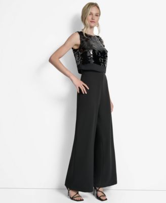 Women's Sleeveless Sequin Overlay Wide Leg Jumpsuit