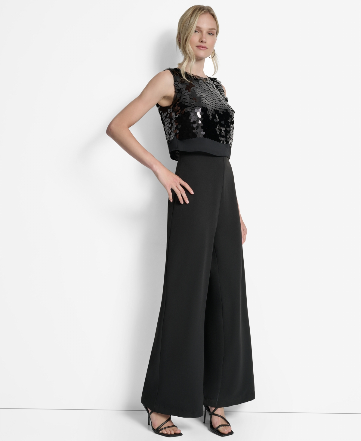 Dkny Women's Sleeveless Sequin Overlay Wide Leg Ankle Jumpsuit In Black