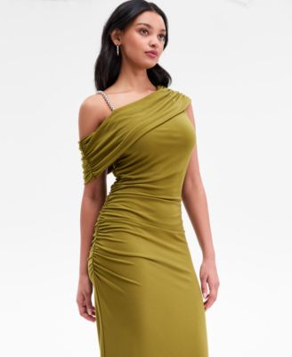 Women's Asymmetrical Drape Beaded Strap Midi Dress