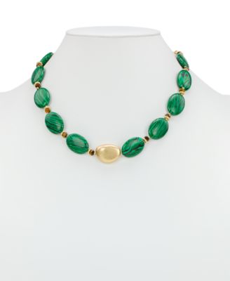 Oval Bead Green and Worn Gold-Tone Necklace