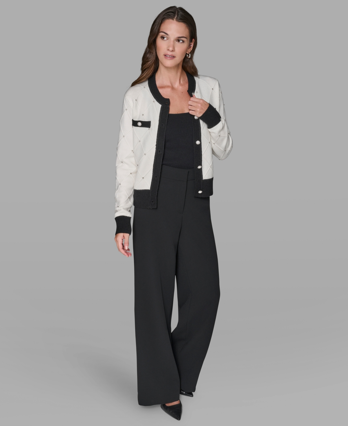 Karl Lagerfeld Women's Crew Neck Front-button Cardigan Sweater In Multi