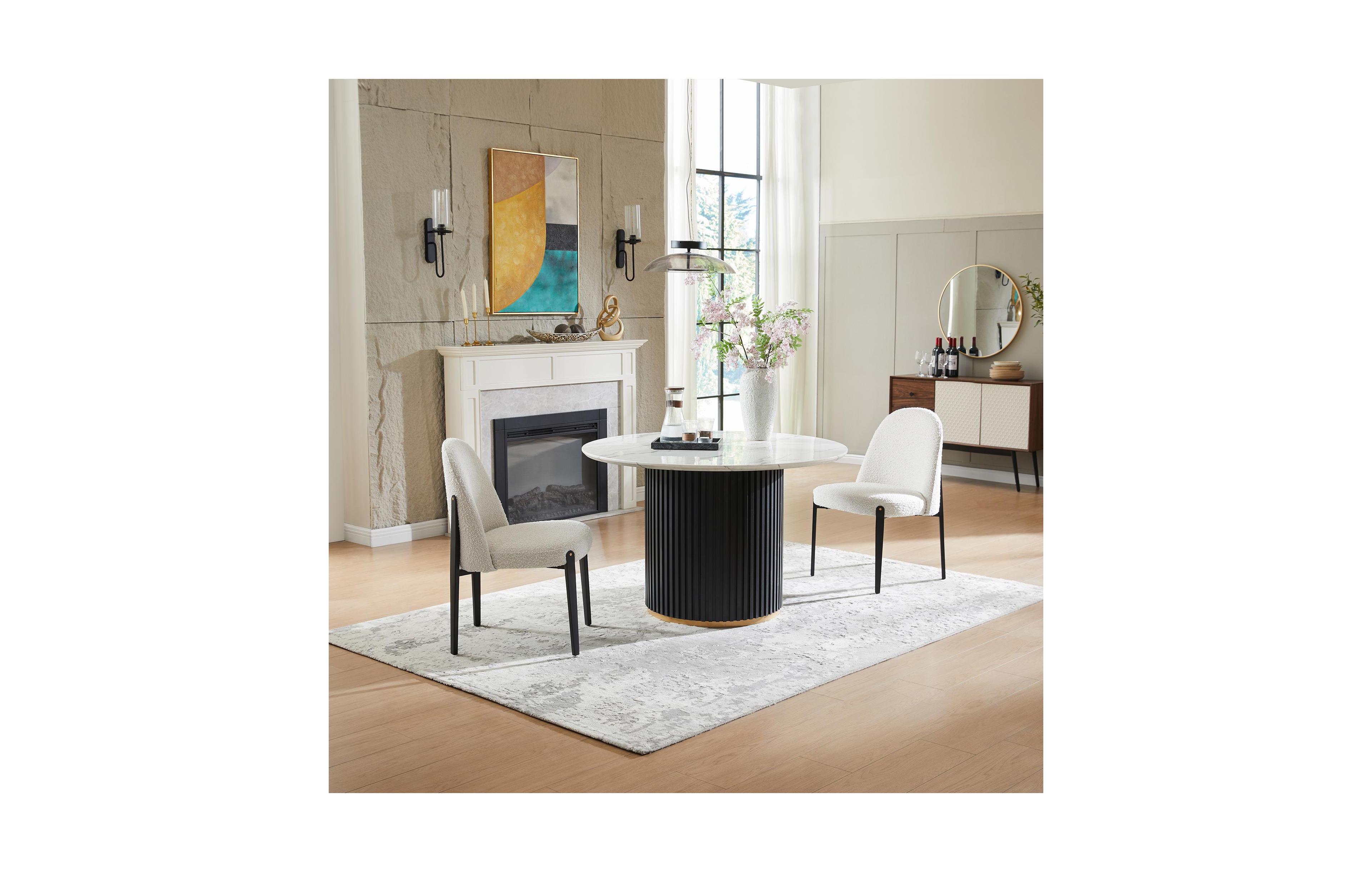 Morden Fort Modern 3-Piece Faux Marble Round Dining Table with Boucle Chairs in White Dining Room Set for Kitchen
