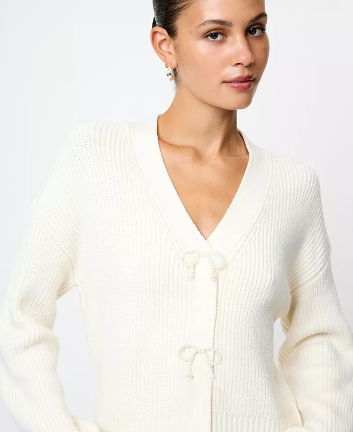 Women's Babysoft Knit V-Neck Embellished Bow Cardigan Sweater - thumbnail 4