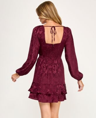 Juniors' Long Sleeve Satin Jacquard Dress