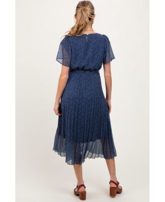 Maternity Navy Leaf Print Pleated Midi Dress