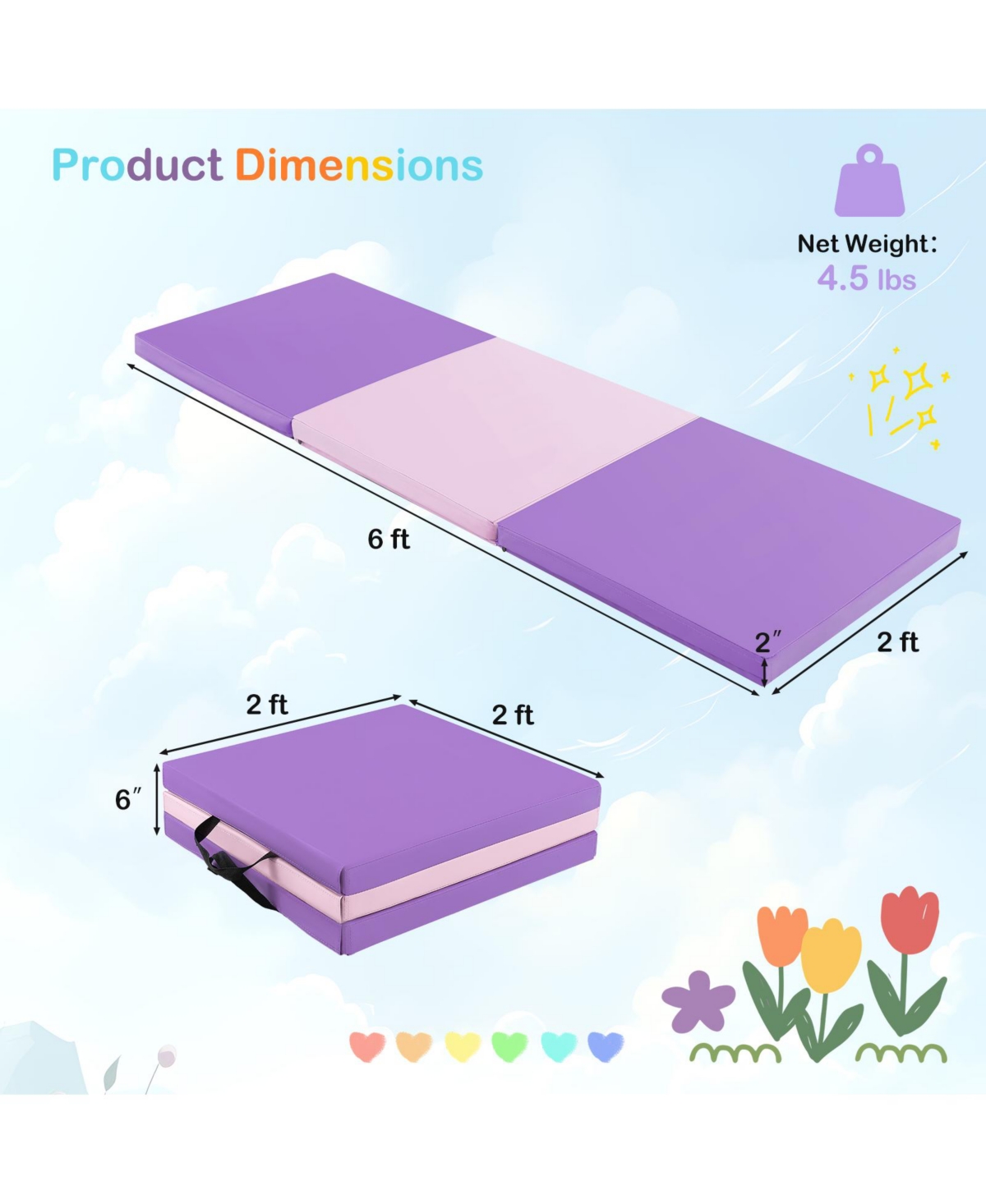 6 x 2 Ft Tri-Fold Gym Mat with Handles and Zippered Cover