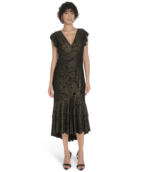 Petite Flutter Sleeve Foil Midi Dress - Black/Gold