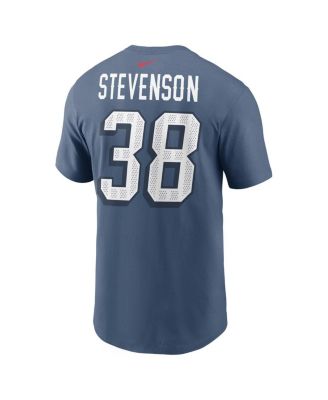 Men's Rhamondre Stevenson Storm Blue New England Patriots 2025 Rivalries Collection Player Name Number T-Shirt