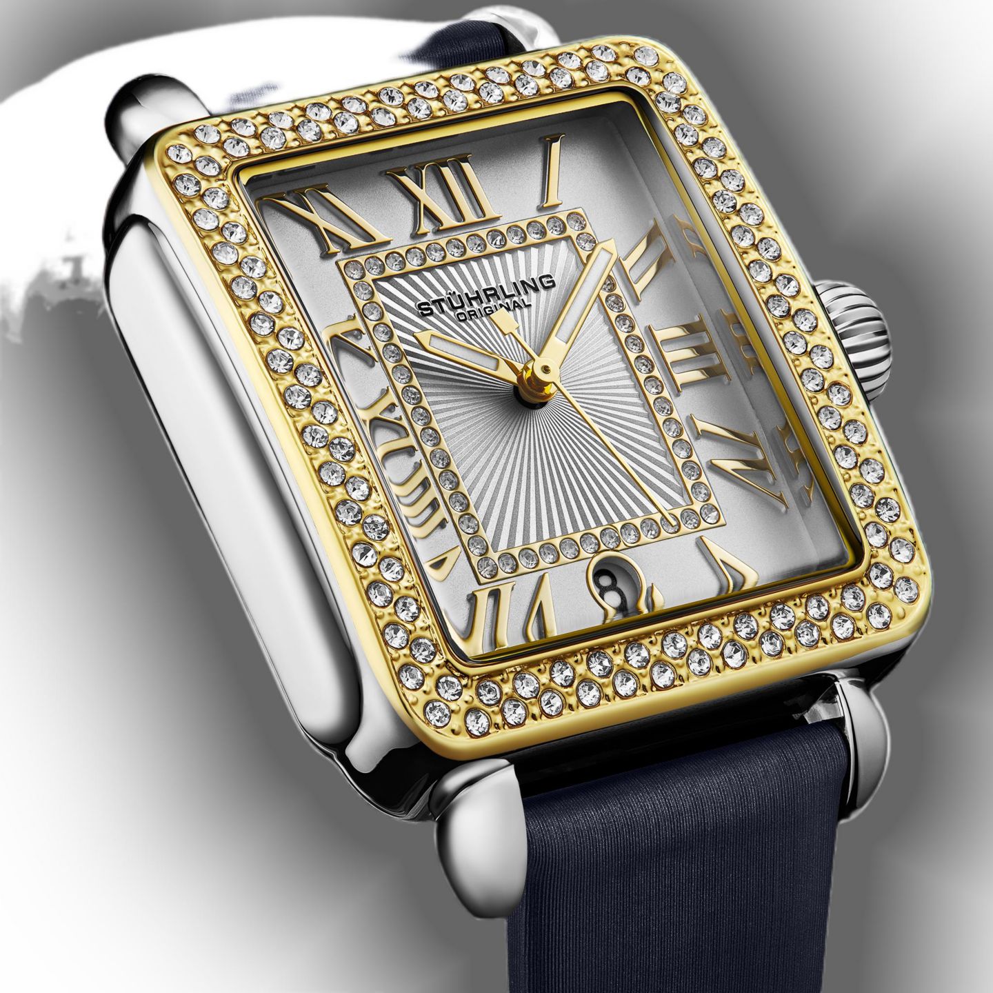 Женские часы Stuhrling Elegant Rectangular 35x47mm Dress Watch - Model 4060L.4, Gold Crystal Bezel, Silver Case, Blue Leather Strap — фото 4