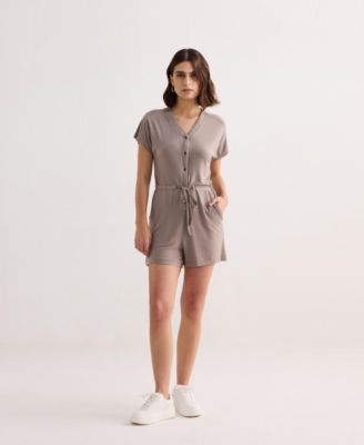 Women's V neck Drawstring Knit Romper in Dusty brown