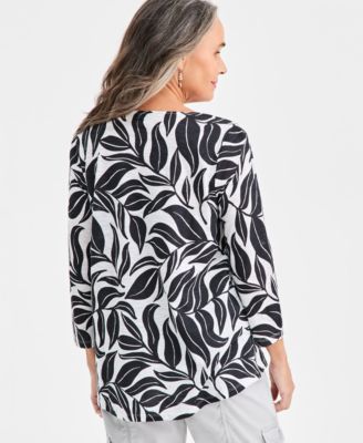 Petite Split Neck Pintuck Fern Leaves Top